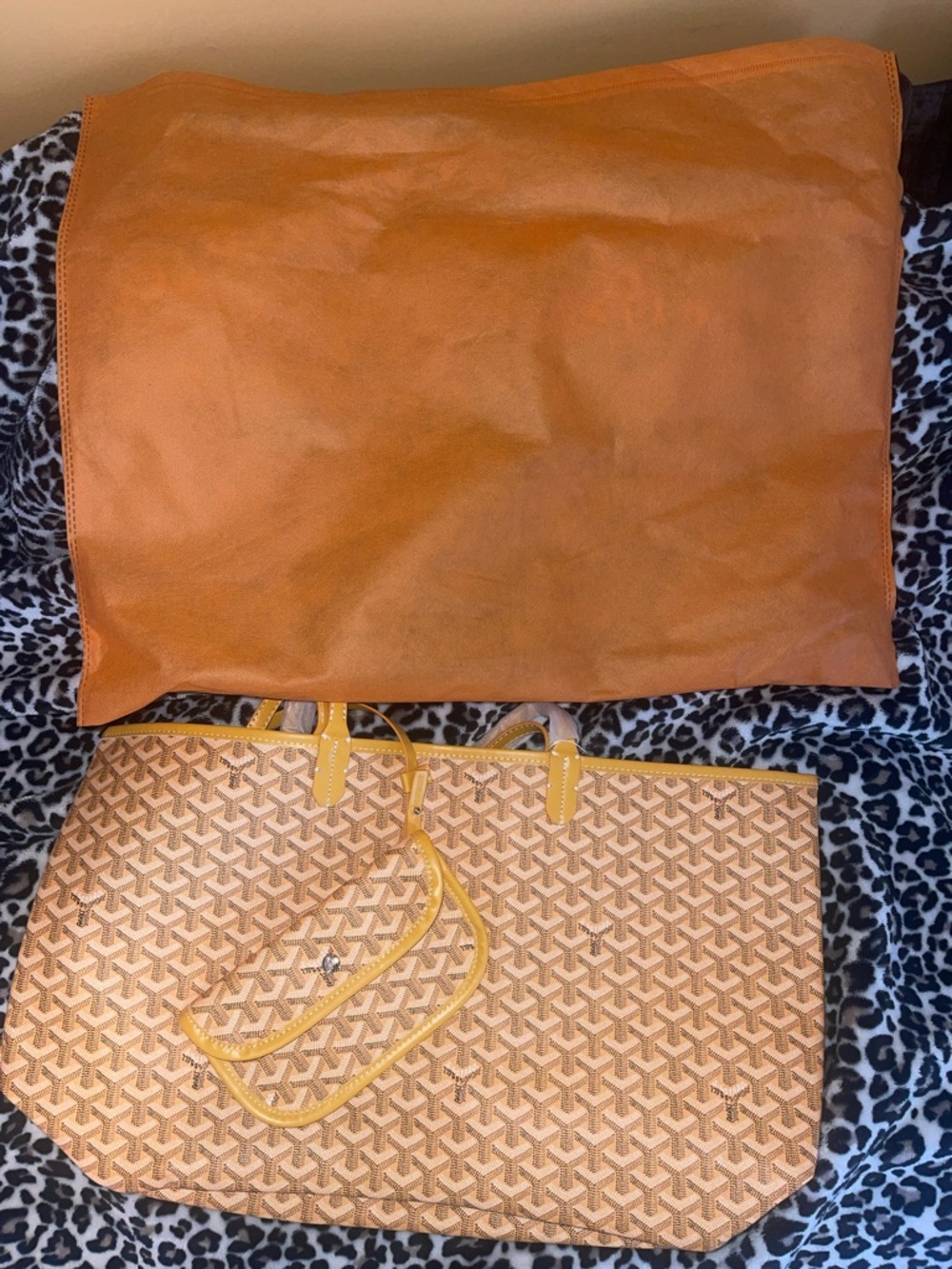 Designer-Style Orange Patterned Tote Bag with Matching Pouch